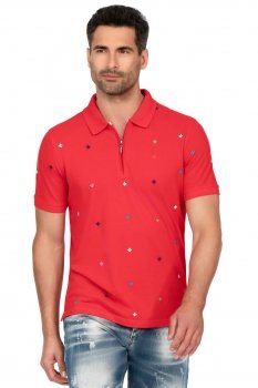 Tricou polo slim rosu print geometric